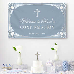 Jongen Bevestiging Stof Blauw Vintage Witte Schrif Spandoek