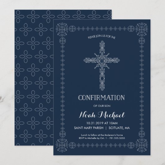 Jongen bevestiging uitnodiging - Elegant kruis (Voorkant / Achterkant)