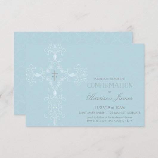 Jongen Bevestigingsuitnodiging met kruis, Initiale Kaart (Voorkant / Achterkant)