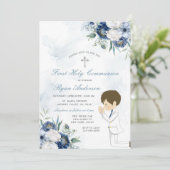 Jongen biddend eerste heilige communie marine blau kaart (Staand voorkant)