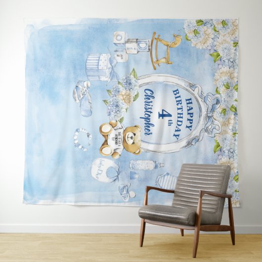 Jongen Birthday Blue Flowers Teddy Bear Backdrop Wandkleed (In Situ (horizontaal))