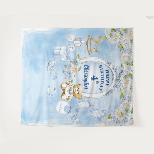 Jongen Birthday Blue Flowers Teddy Bear Backdrop Wandkleed (Voorkant (horizontaal))