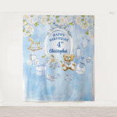 Jongen Birthday Blue Flowers Teddy Bear Backdrop Wandkleed (Voorkant)