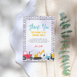 Jongen Birthday Party Bedankkaart<br><div class="desc">Een bedankje dat past bij ons collectie van het Bouwvoertuig Jongen Verjaardagsfeest. Dit ontwerp bestaat uit drie bouwvoertuigen: een tractor, een graafmachine en een cementtruck aan de onderkant van de kaart. "Bedankt" is geschreven in een moderne kalligrafie. Hieronder staat een bewerkbaar bedankje. De achterkant van de kaart is de aangepaste...</div>