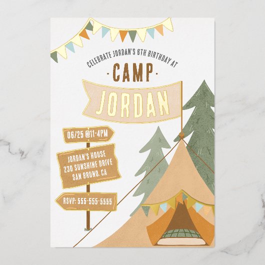 Jongen Birthday Party Shiny Camping Outdoor Advent Folie Uitnodiging (Voorkant)
