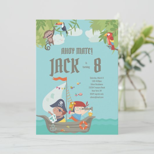 Jongen Birthday - Pirate Invitation Kaart (Staand voorkant)