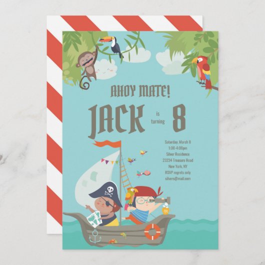 Jongen Birthday - Pirate Invitation Kaart (Voorkant / Achterkant)