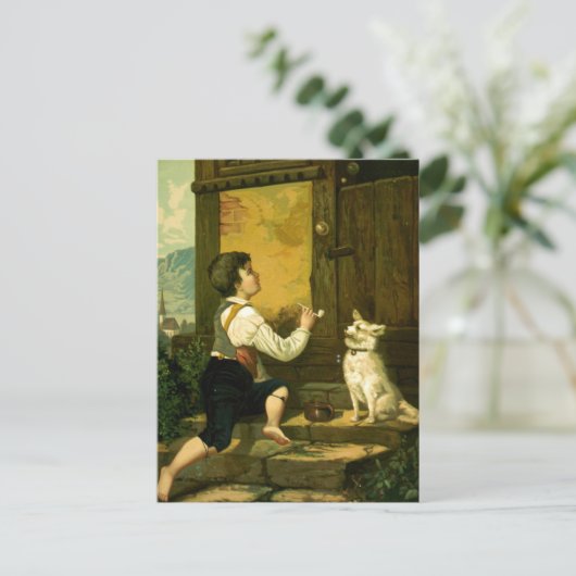 Jongen blaasjes  illustratie briefkaart (Staand voorkant)