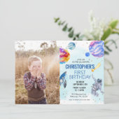 Jongen blauw Astronaut Space verjaardagsfeestje Kaart (Staand voorkant)