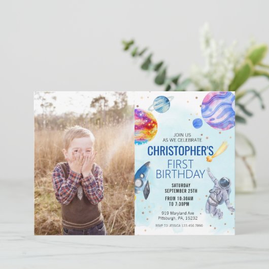 Jongen blauw Astronaut Space verjaardagsfeestje Kaart (Staand voorkant)