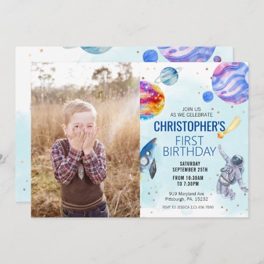 Jongen blauw Astronaut Space verjaardagsfeestje Kaart (Voorkant / Achterkant)