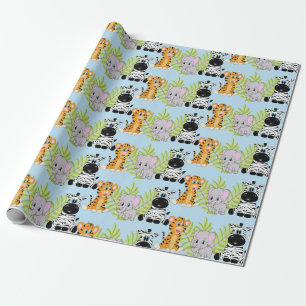 Jongen Blauw Baby shower Schattige Safari Oerwoud Cadeaupapier