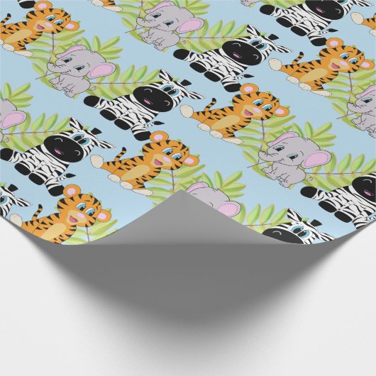 Jongen Blauw Baby shower Schattige Safari Oerwoud  Cadeaupapier (Hoek)