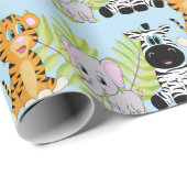 Jongen Blauw Baby shower Schattige Safari Oerwoud  Cadeaupapier (Rol Hoek)