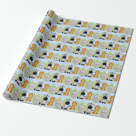 Jongen Blauw Baby shower Schattige Safari Oerwoud  Cadeaupapier (Uitgerold)