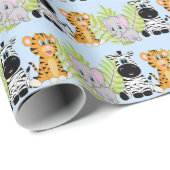 Jongen Blauw Baby shower Schattige Safari Oerwoud  Cadeaupapier (Rol Hoek)