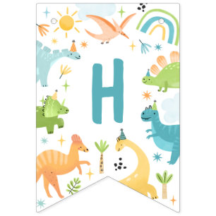 Jongen Blauw Dinosaurus Verjaardagsfeestje Vlaggetjes