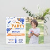 Jongen Blauw en Sinaasappel Dart Pistool Foto Kaart (Staand voorkant)