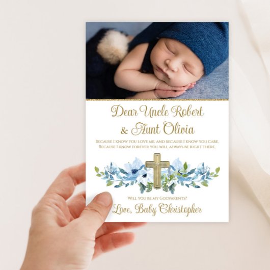 Jongen Blauw Goud Kruis Foto Godparent Kaart