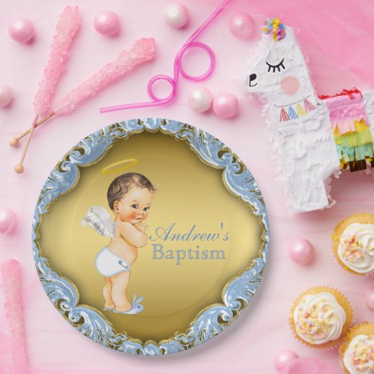 Jongen Blauw Gouden Engel Doop Doop Doop Papieren Bordje (Feest)