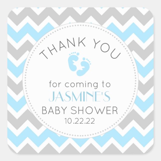 Jongen blauw grijs baby shower dank u voor sticker (Voorkant)