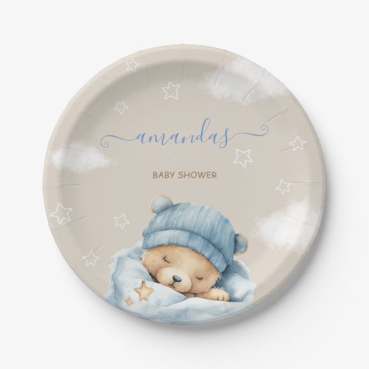 Jongen Blauw Leuk Beer Baby Douche Papieren Bordje (Voorkant)