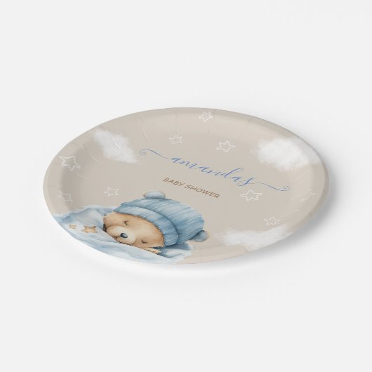 Jongen Blauw Leuk Beer Baby Douche Papieren Bordje (Gekanteld)