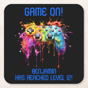 Jongen Blauw Level Up Videospel Feestje Kartonnen Onderzetters