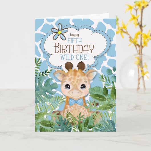 Jongen blauw Oerwoud Giraffe Theme 5th Birthday Kaart (Gele Bloem)