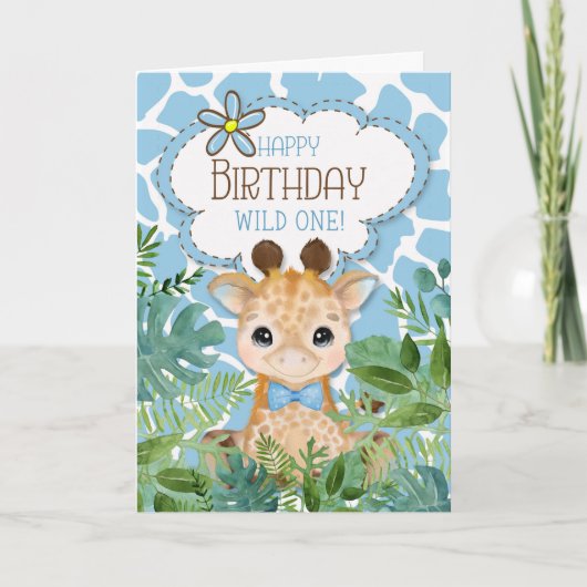 Jongen blauw Oerwoud Giraffe Thmed Birthday Kaart (Voorkant)