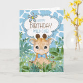 Jongen blauw Oerwoud Giraffe Thmed Birthday Kaart (Gele Bloem)
