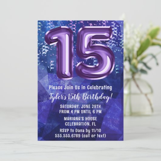 Jongen Blauw Paarse 15e Verjaardag Kaart (Staand voorkant)