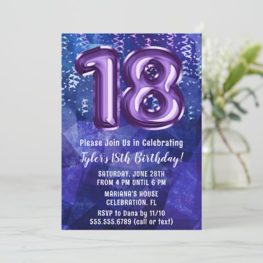Jongen Blauw Paarse 18e Verjaardag Kaart (Staand voorkant)