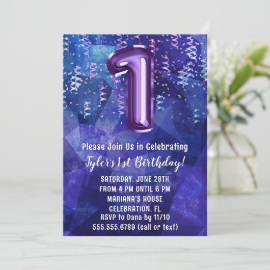 Jongen Blauw Paarse 1e Verjaardag Kaart (Staand voorkant)