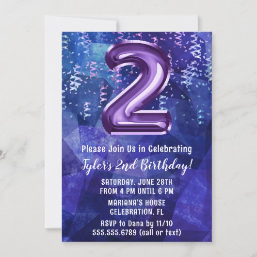 Jongen Blauw Paarse 2e Verjaardag Kaart (Voorkant)