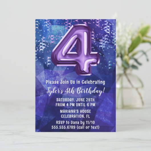 Jongen Blauw Paarse 4e Verjaardag Kaart (Staand voorkant)