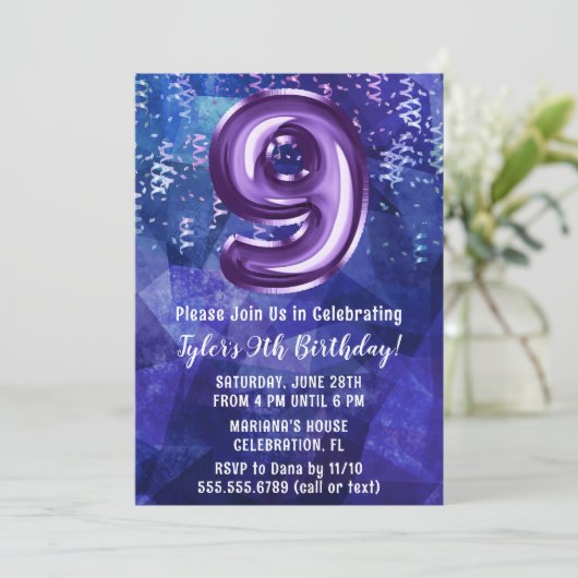Jongen Blauw Paarse 9e Verjaardag Kaart (Staand voorkant)
