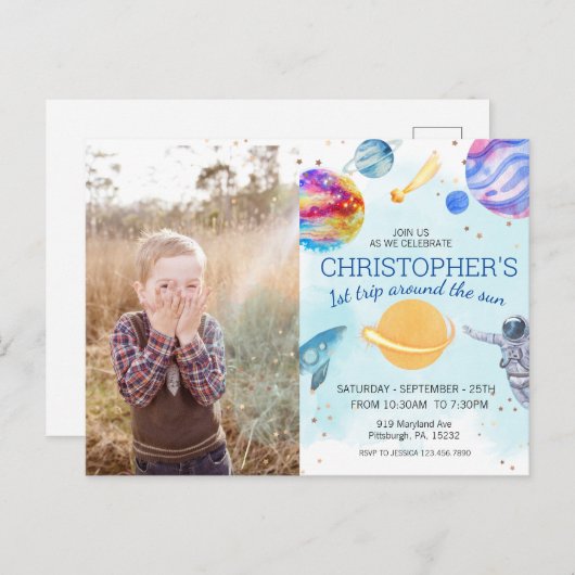 Jongen blauw Ruimtevaarder Verjaardagsfeestje in d Briefkaart (Voorkant / Achterkant)