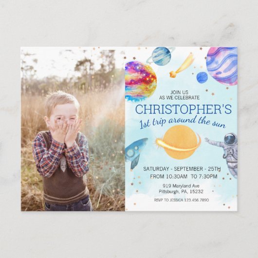 Jongen blauw Ruimtevaarder Verjaardagsfeestje in d Briefkaart (Voorkant)