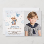 Jongen Blauw Teddy Beer Ballonnen Eerste Verjaarda Kaart (Voorkant)