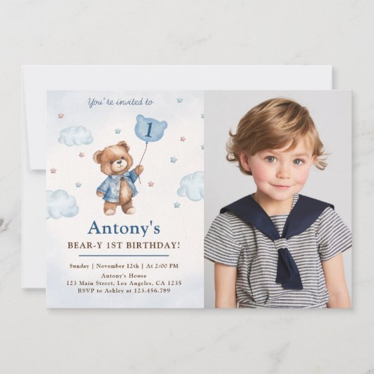 Jongen Blauw Teddy Beer Ballonnen Eerste Verjaarda Kaart (Voorkant)