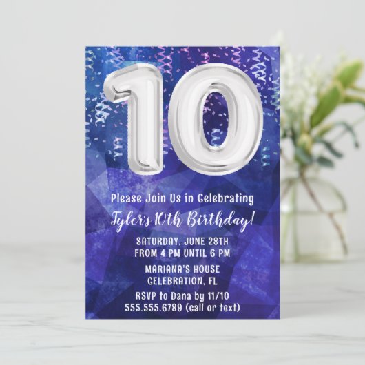 Jongen Blauw Wit 10e Verjaardag Kaart (Staand voorkant)