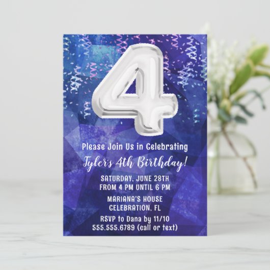 Jongen Blauw Wit 4e Verjaardag Kaart (Staand voorkant)