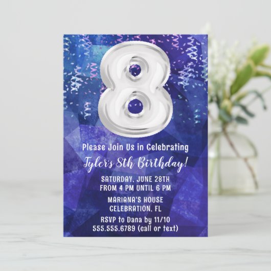 Jongen Blauw Wit 8e Verjaardag Kaart (Staand voorkant)