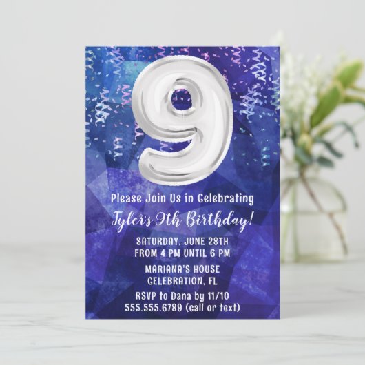 Jongen Blauw Wit 9e Verjaardag Kaart (Staand voorkant)