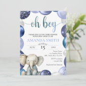 Jongen Blauwe Ballon Cute Olifant Baby Shower Uitn Kaart (Staand voorkant)