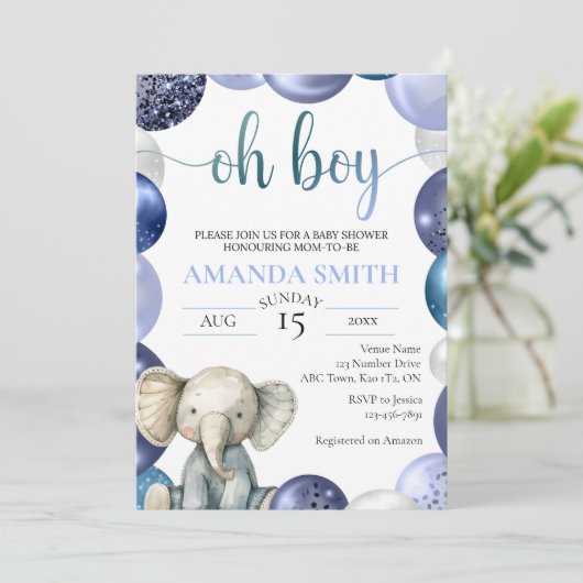 Jongen Blauwe Ballon Cute Olifant Baby Shower Uitn Kaart (Staand voorkant)