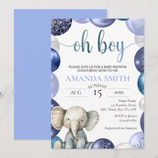 Jongen Blauwe Ballon Cute Olifant Baby Shower Uitn Kaart (Voorkant / Achterkant)
