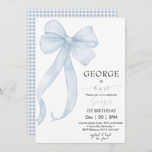 Jongen blauwe boog verjaardag uitnodiging (Voorkant / Achterkant)