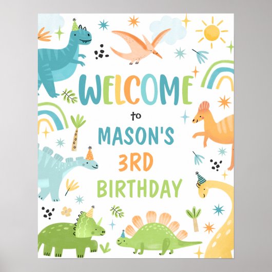 Jongen Blauwe Dinosaurus Verjaardagsfeestje Welkom Poster (Voorkant)
